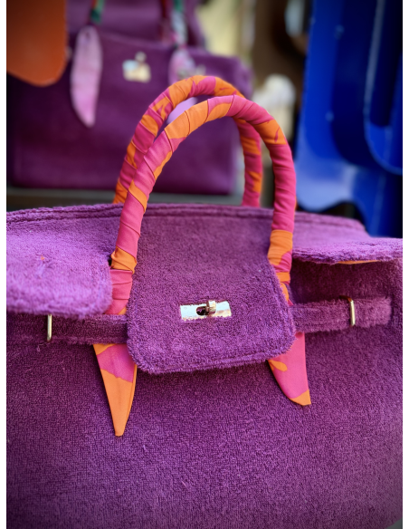 Borsa Birkin in spugna ciclamino con manici foderati stampa geometrica