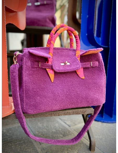 Borsa Birkin in spugna ciclamino con manici foderati stampa geometrica