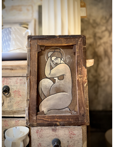 Dipinto Recto-Verso "Figura e Paesaggio" di Sara N. Bergman, Olio su Tela Vintage 20,5x30,5 cm